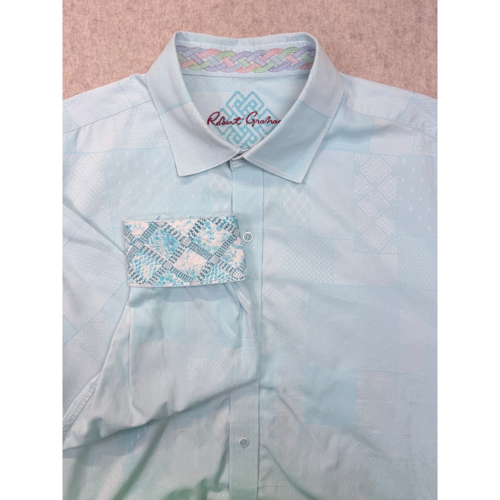 Robert Graham Button Down Shirt Mens 3XL Blue Classic Fit Jacquard Patchwork
